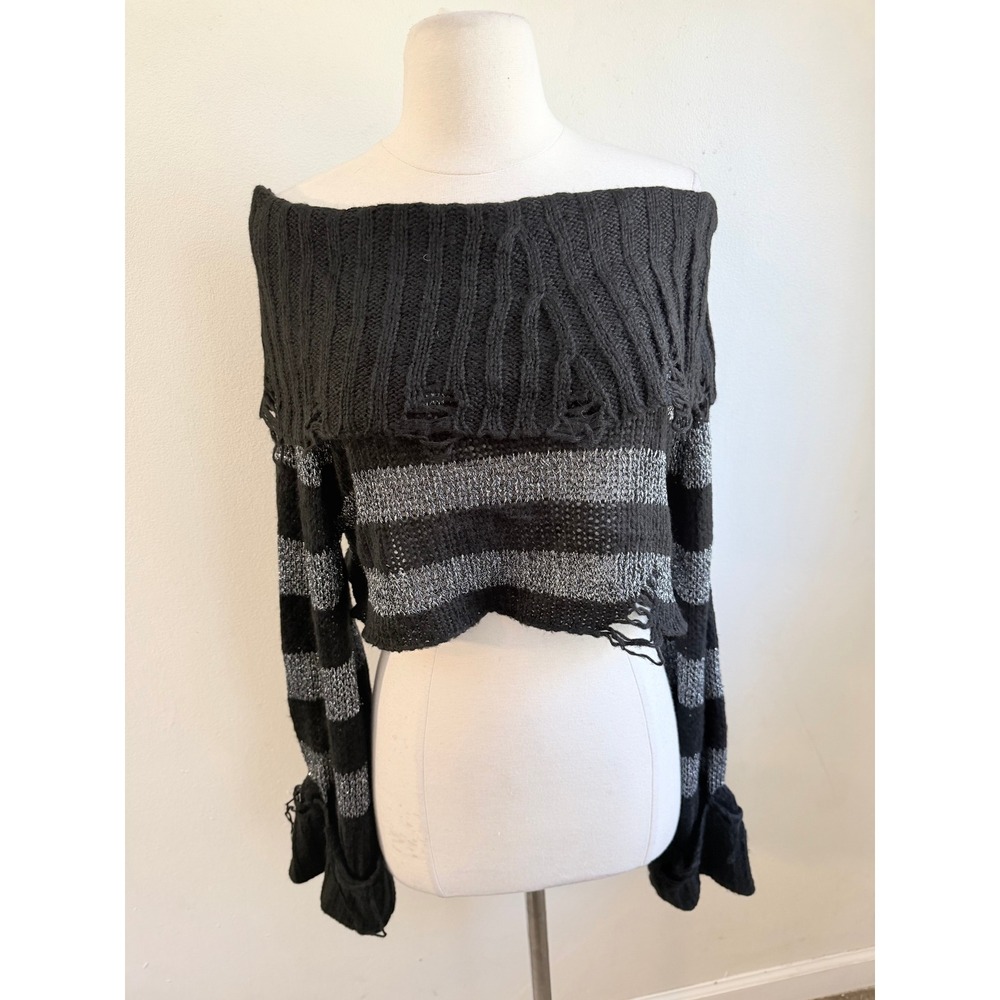 Killstar meteor knit sweater metallic gray black striped off shoulder distressed